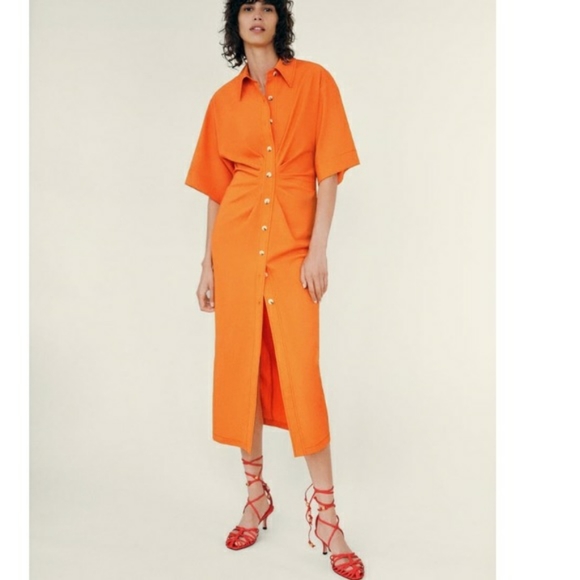 ZARA SS20 COLLARED MIDI DRAPED SHIRT DRESS ORANGE Size M NWT - Picture 6 of 6